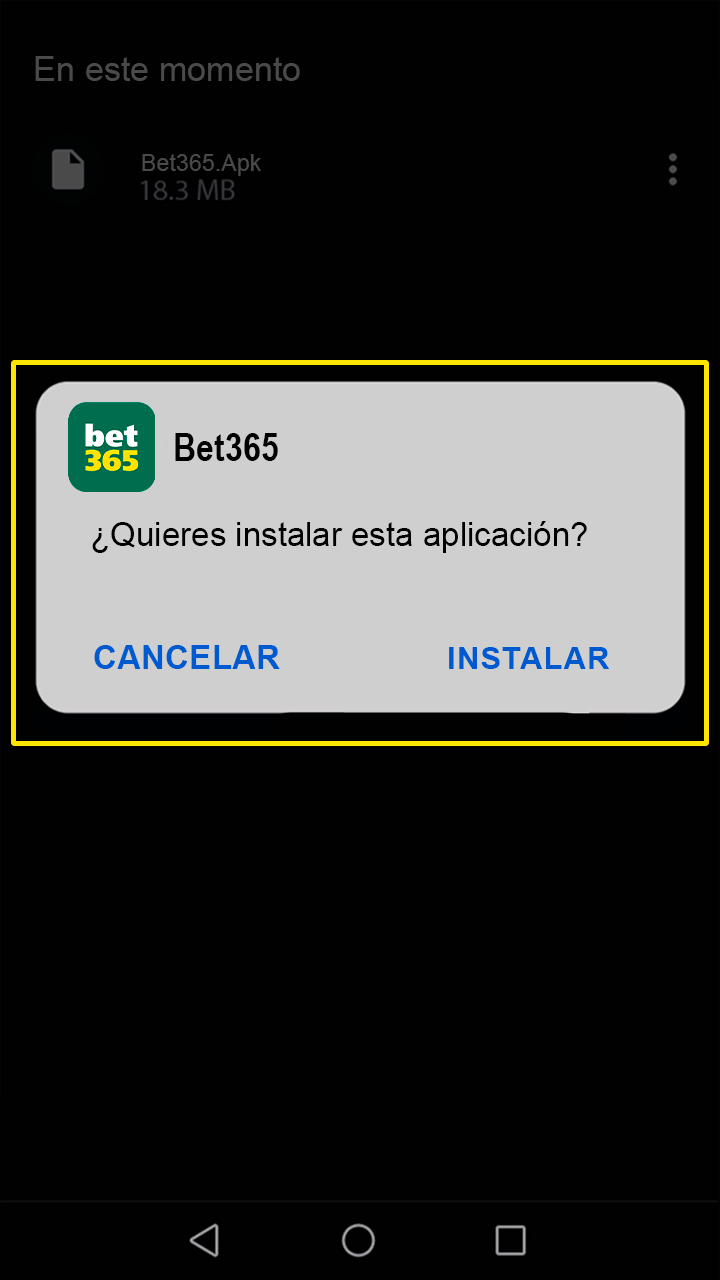 Confirmación final de la instalación de la app Bet365.