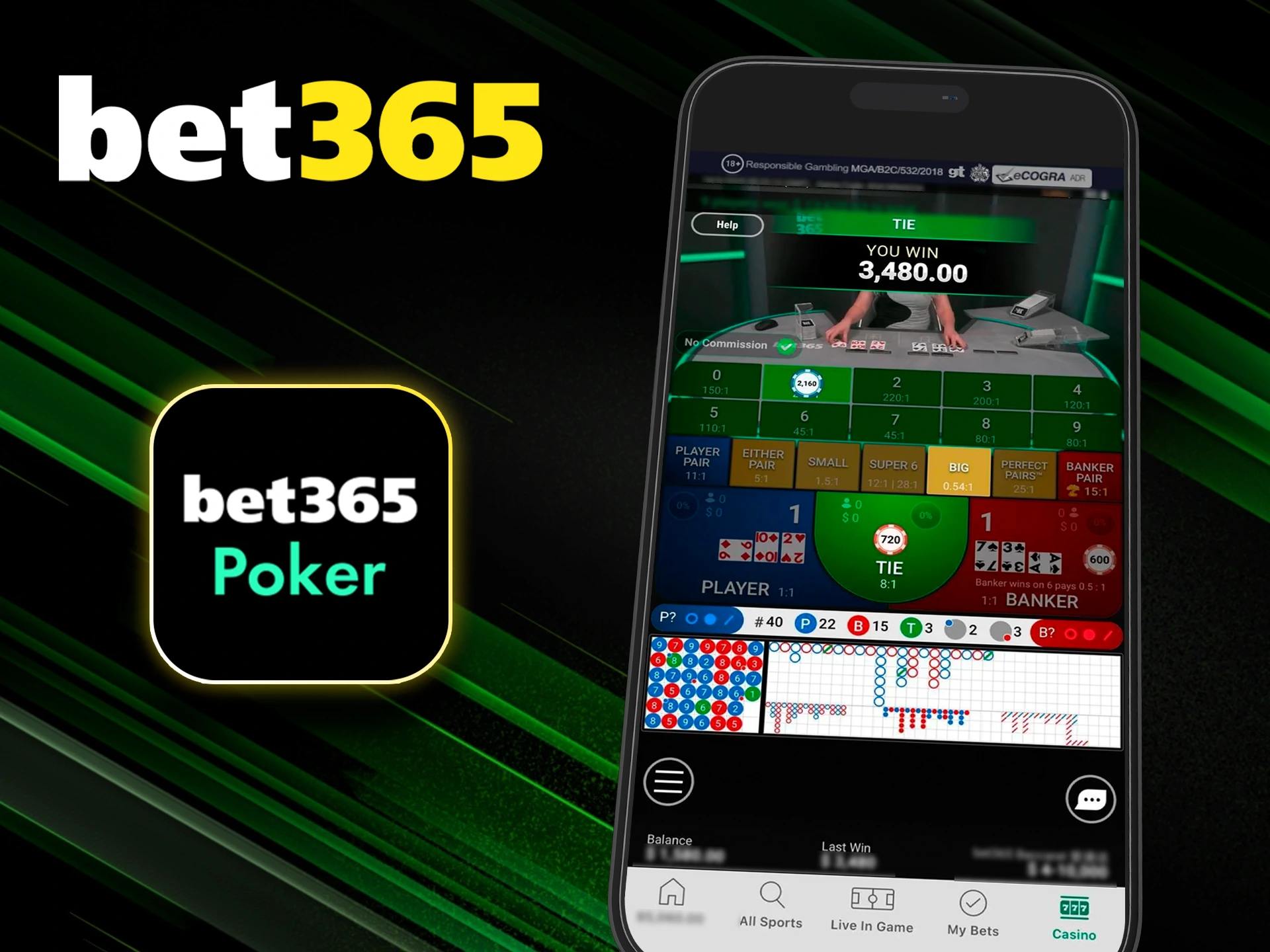 Juegos de casino y póker en la app de Bet365.