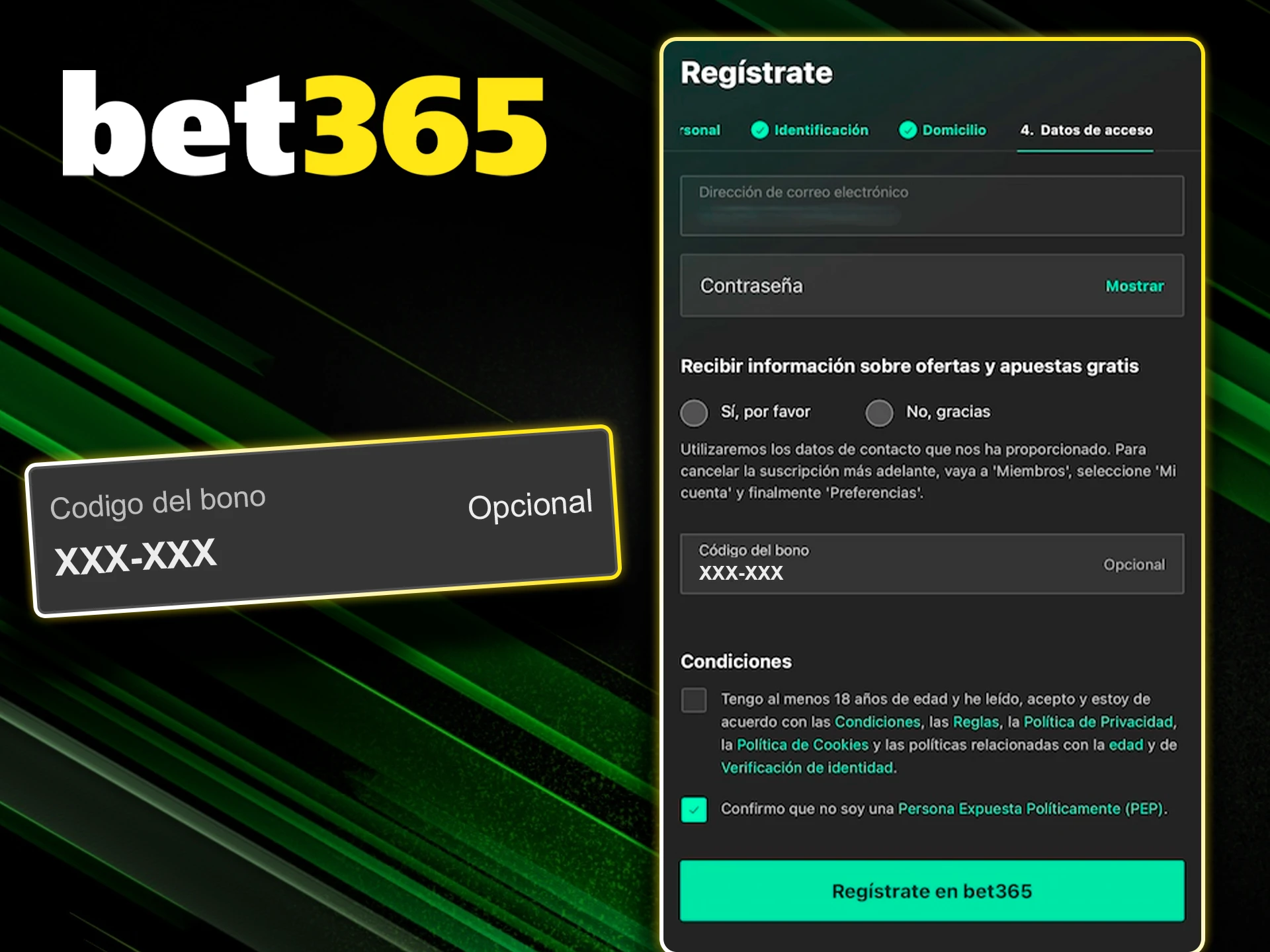 Uso del código de registro oficial al unirse a Bet365.