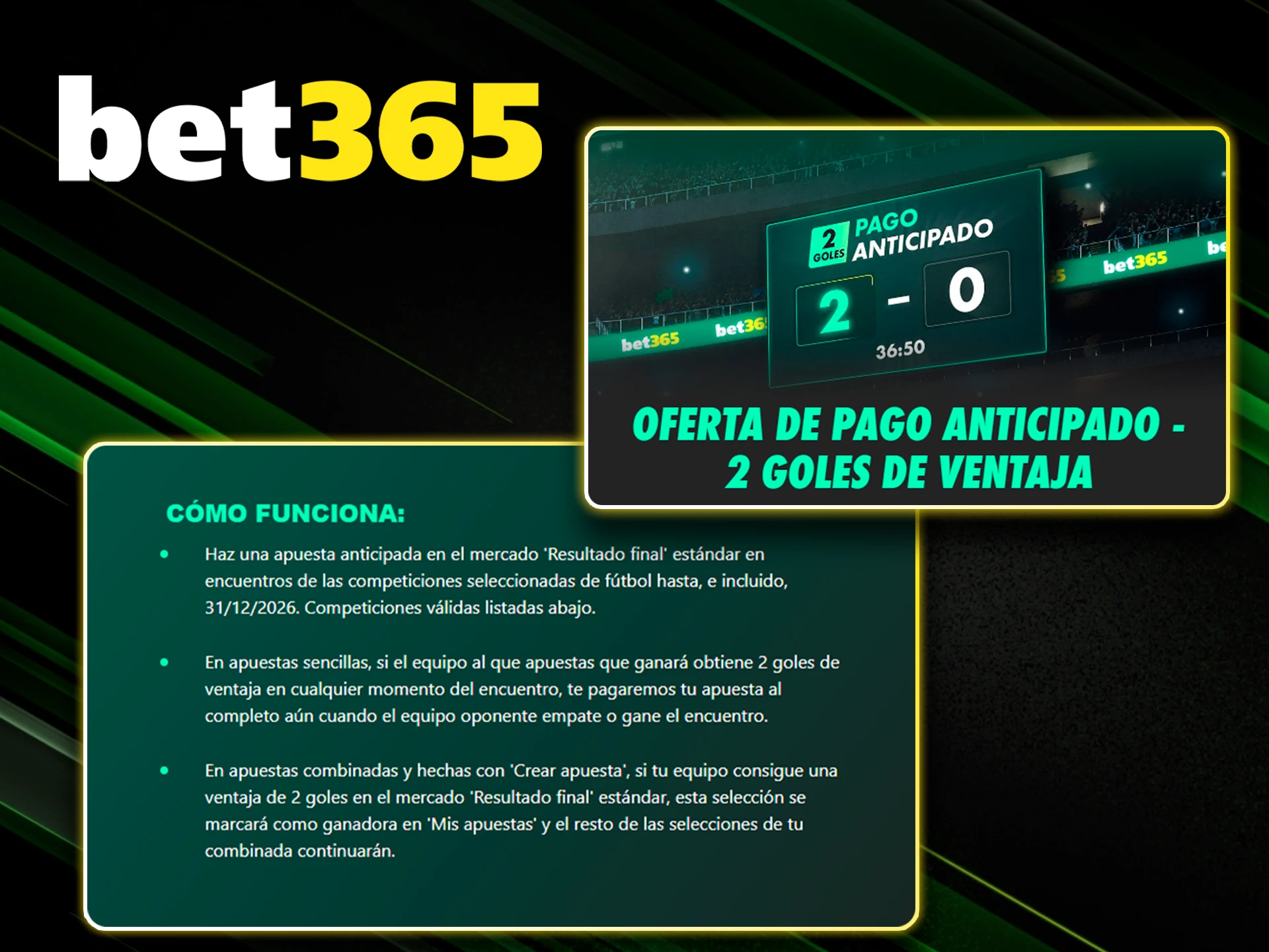 Funcionamiento del pago anticipado por ventaja de goles en Bet365.