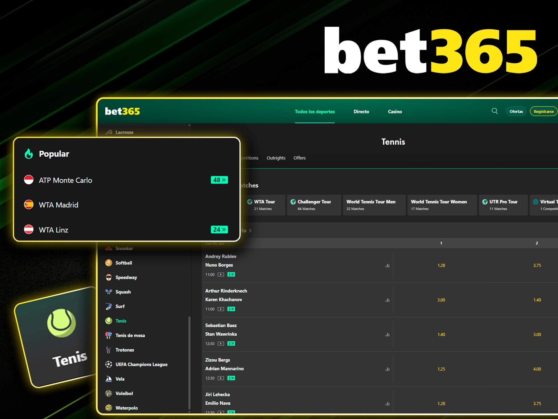 Encuentra cuotas competitivas para torneos de tenis en Bet365.