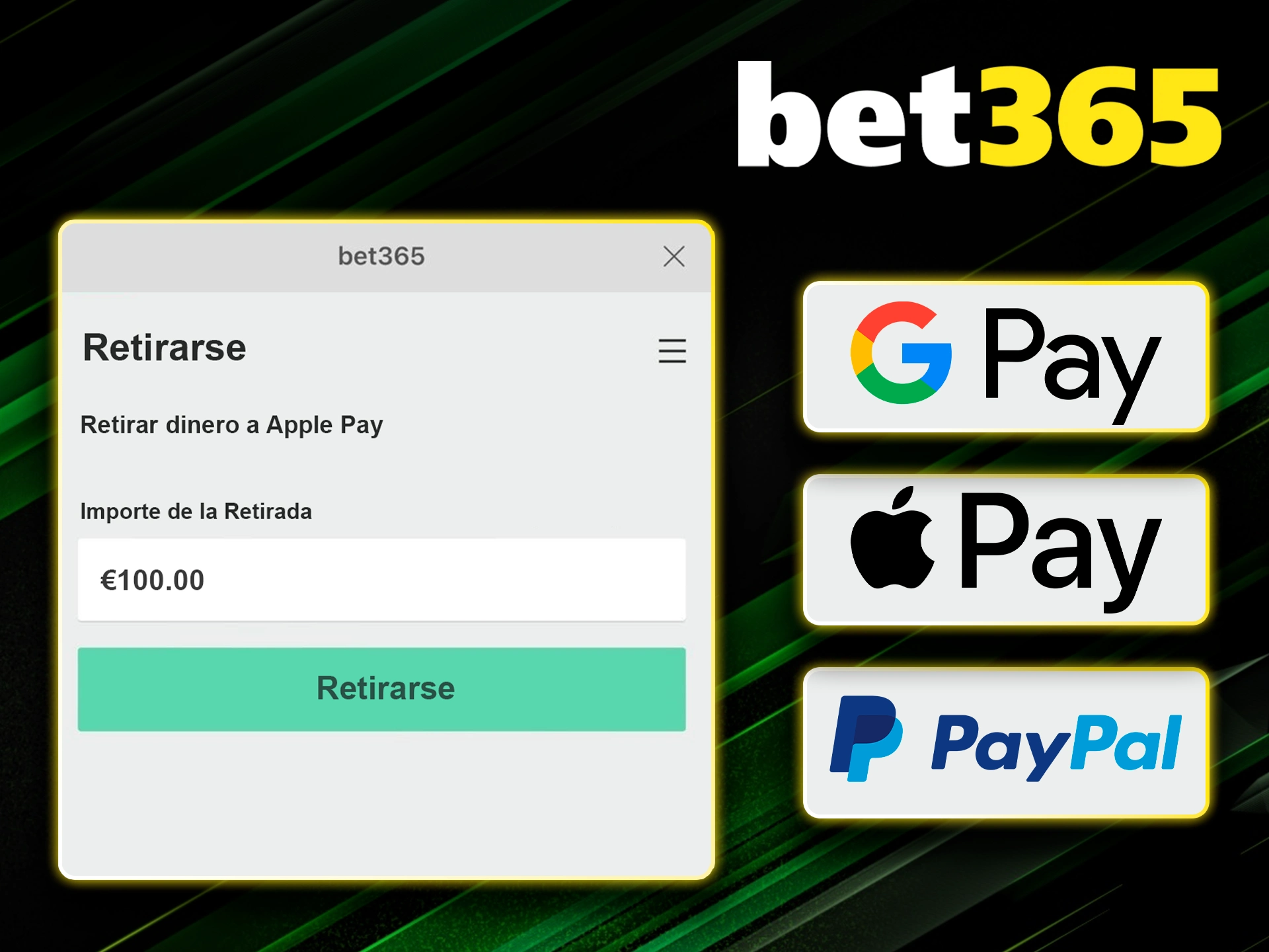 Pagar con PayPal, Apple Pay y Google Pay en Bet365.