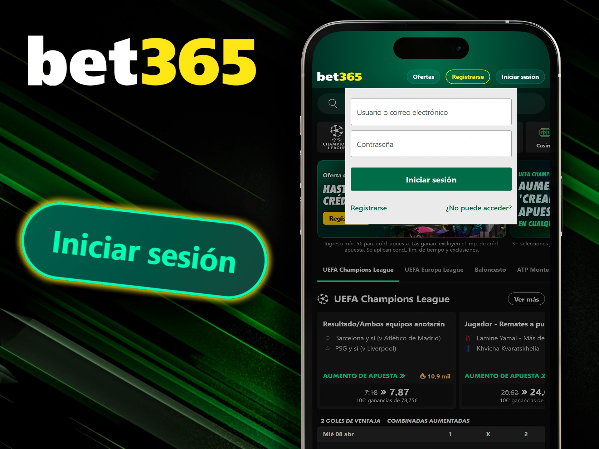 Entrar a la plataforma Bet365 desde ordenador o smartphone.