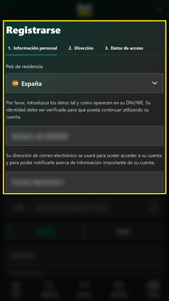 Introducción de datos de identidad para el registro en Bet365.