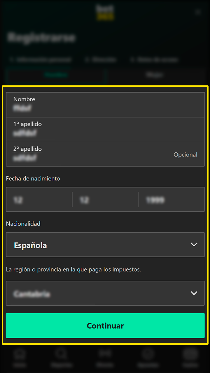 Sección de dirección y contacto del usuario en Bet365.
