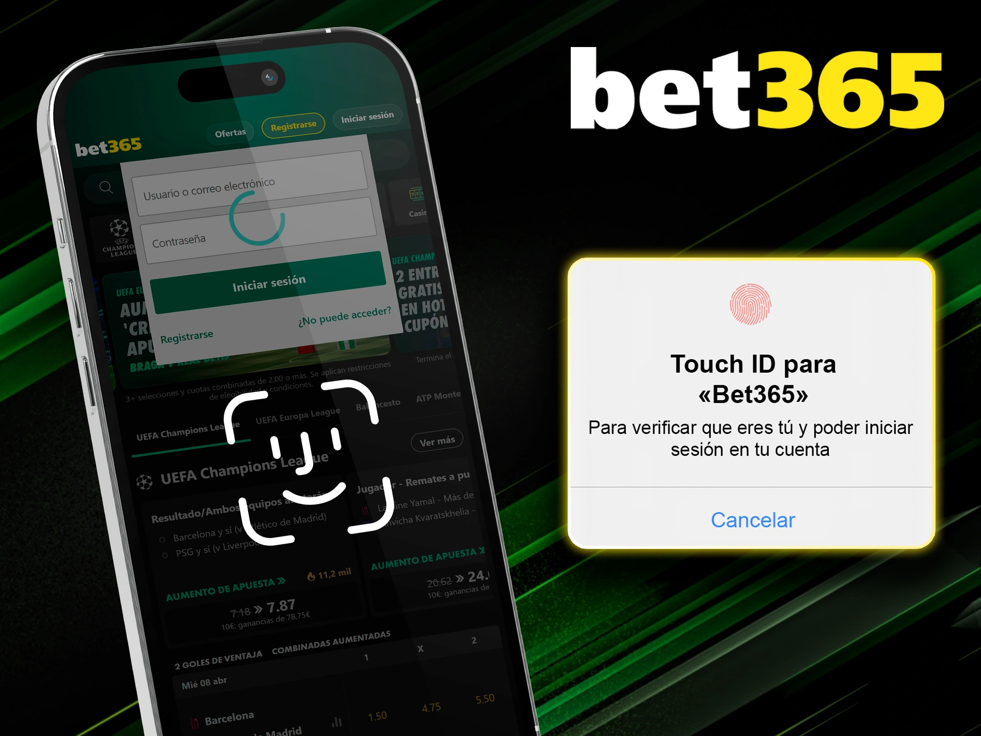 Acceso biométrico rápido a la aplicación móvil de Bet365.