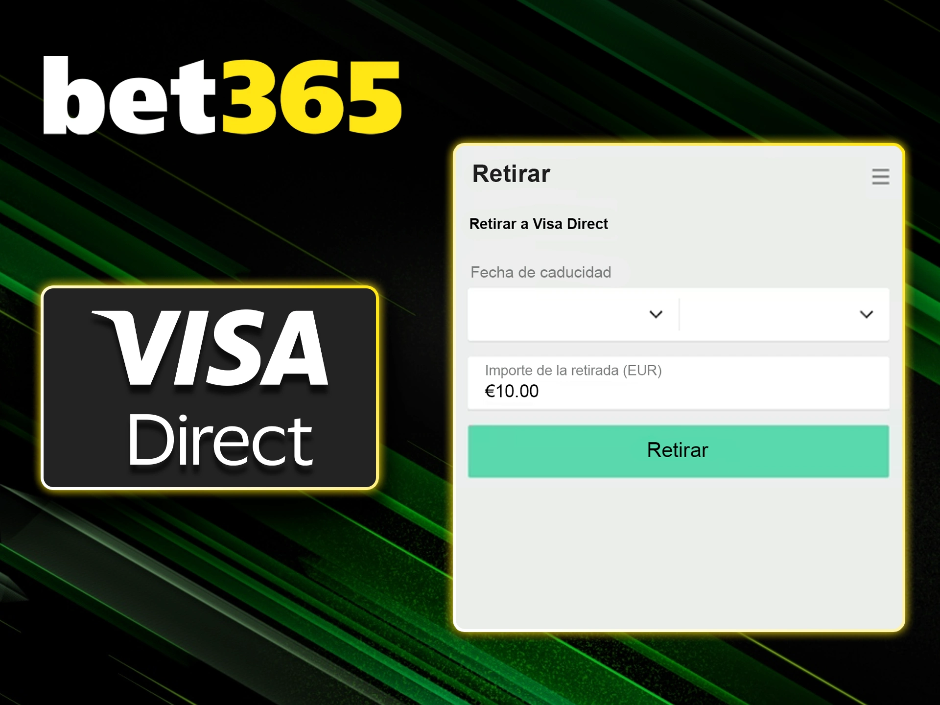 Retiradas rápidas a tarjetas Visa compatibles con Bet365.